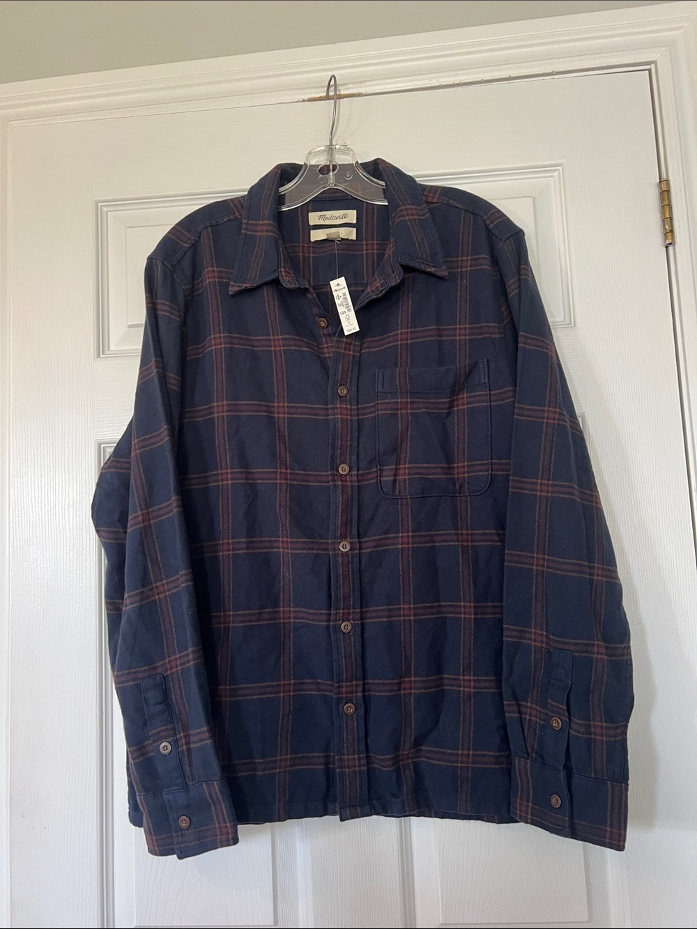 NWT- Madewell Men's Navy and Brown Plaid Button-Down Shirt